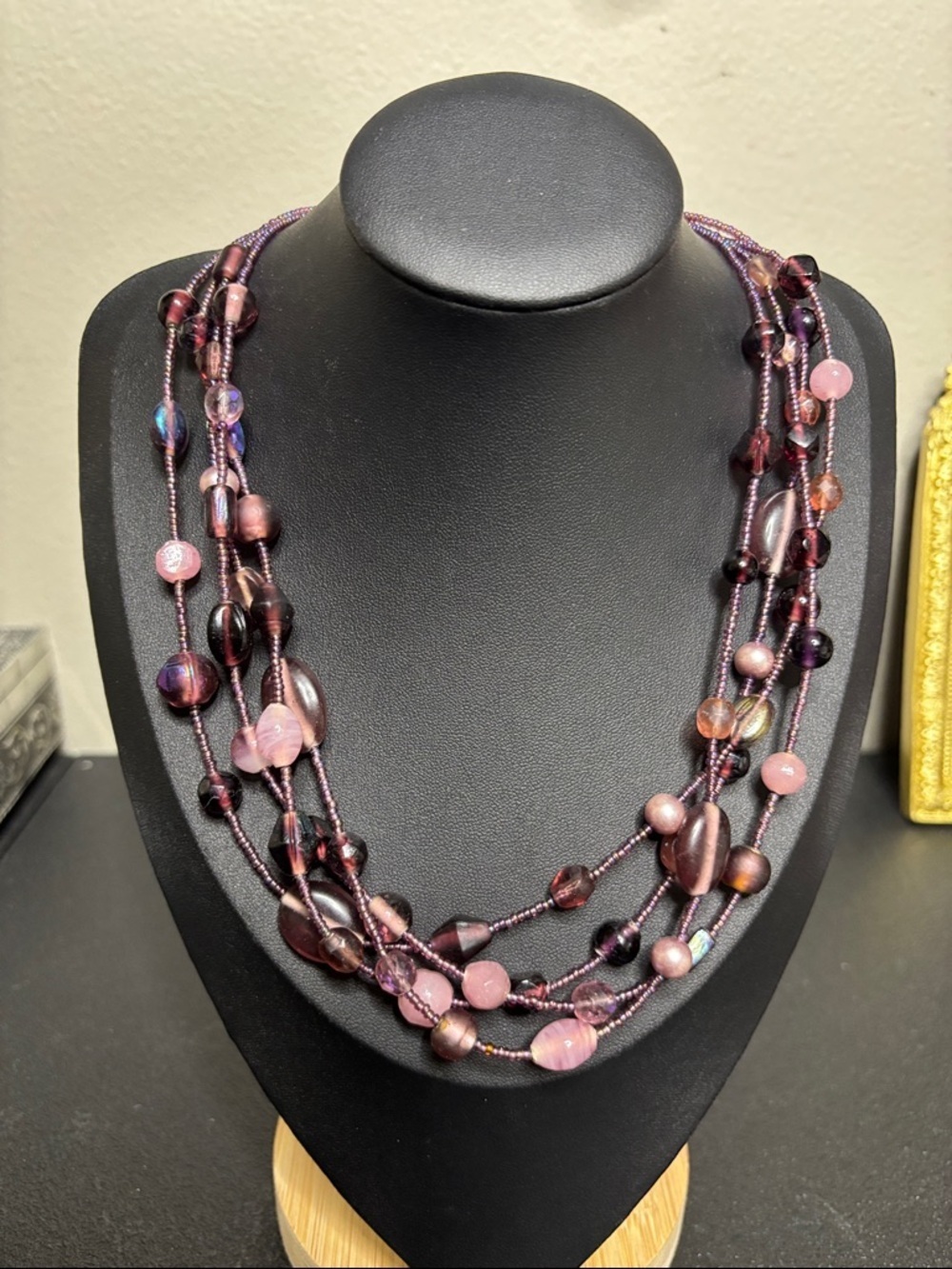 Vintage Purple Amethyst Pink Glass Beaded Multi Layer Necklace